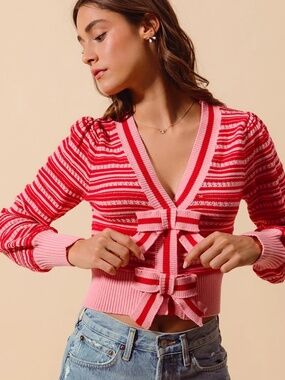 Pink Red Variegated Striped Bow Front Cardigan Sweater Size L